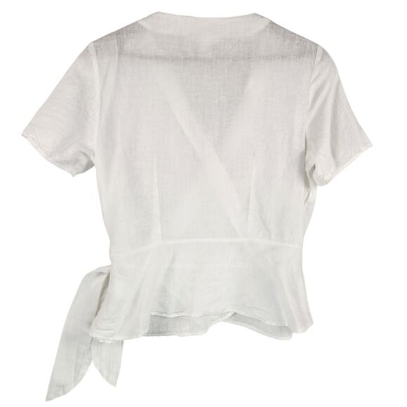 H&M 100% Linen Peplum Wrap Blouse Women’s SZ 8 White Tie Pearl Buttons EUC - Picture 4 of 14